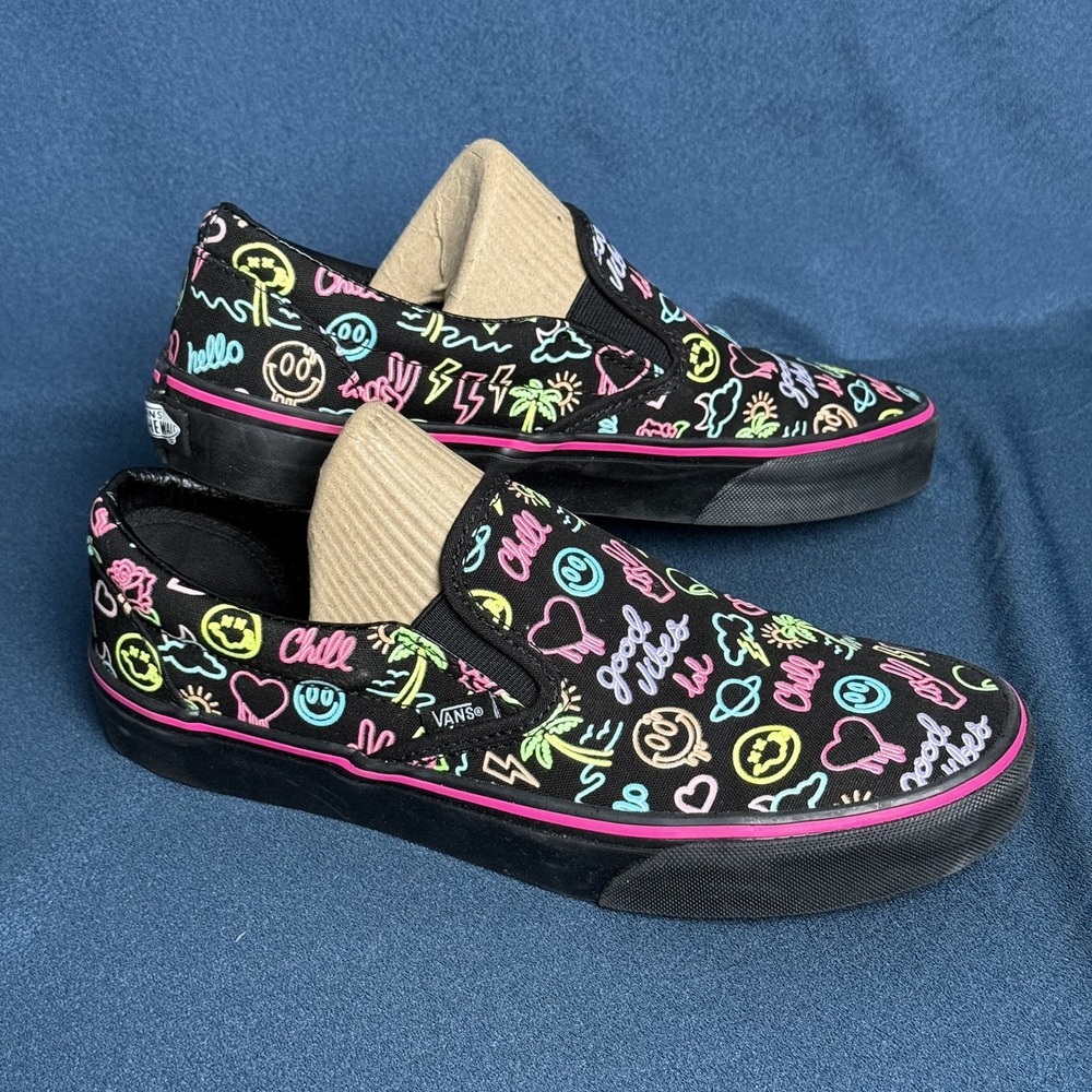 Vans Womens Sz 8.5 Black Glow in the Dark Neon Lights Emoji Skate Slip On Shoes